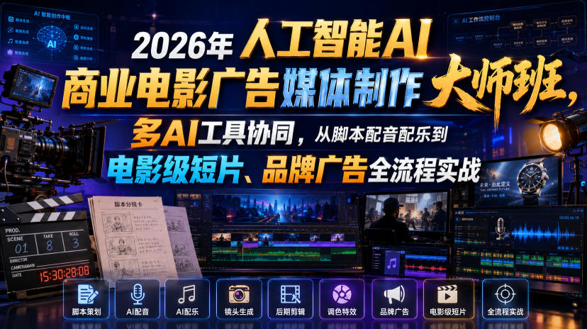 2026年人工智能AI商业电影广告媒体制作大师班，多AI工具协同，从脚本配音配乐到电影级短片、品牌广告全流程实战(中英字幕)-卡益网激活码商城