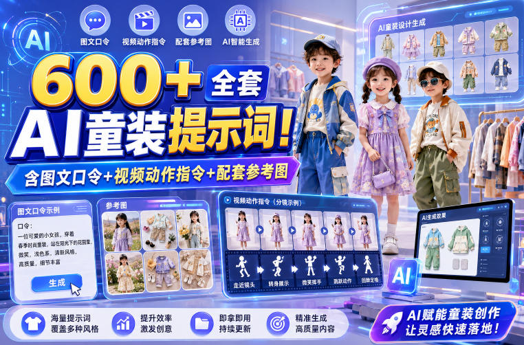 600+全套AI童装提示词！含图文口令+视频动作指令+配套参考图，Word-Excel规整分类，童装电商、种草无脑量产内容！-卡益网激活码商城