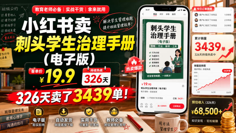 小红书卖刺头学生治理手册(电子版)，客单价19.9，326天卖了3439单！-卡益网激活码商城