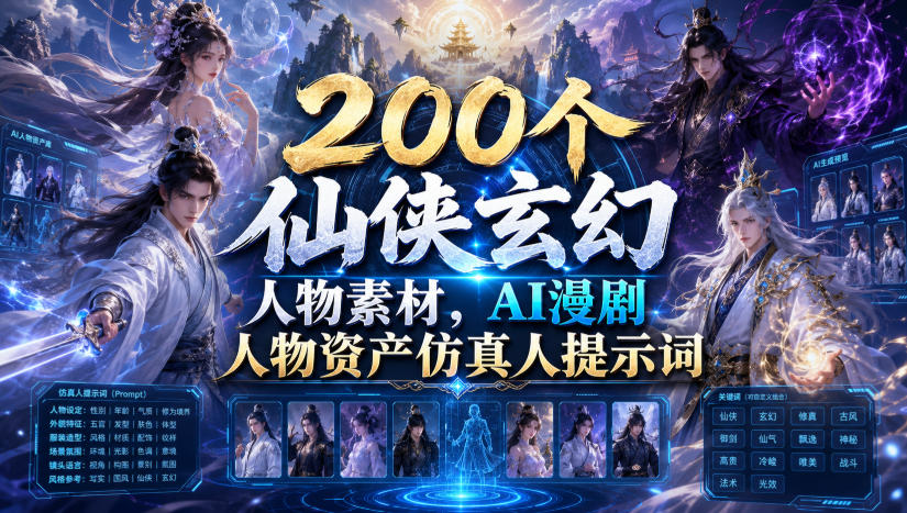 200个仙侠玄幻人物素材,AI漫剧人物资产仿真人提示词-卡益网激活码商城