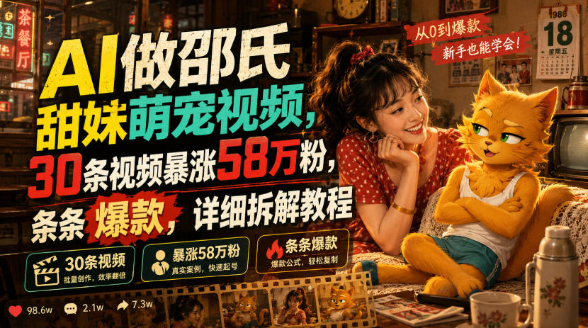 AI做邵氏甜妹萌宠视频，30条视频暴涨58万粉，条条爆款，详细拆解教程-卡益网激活码商城