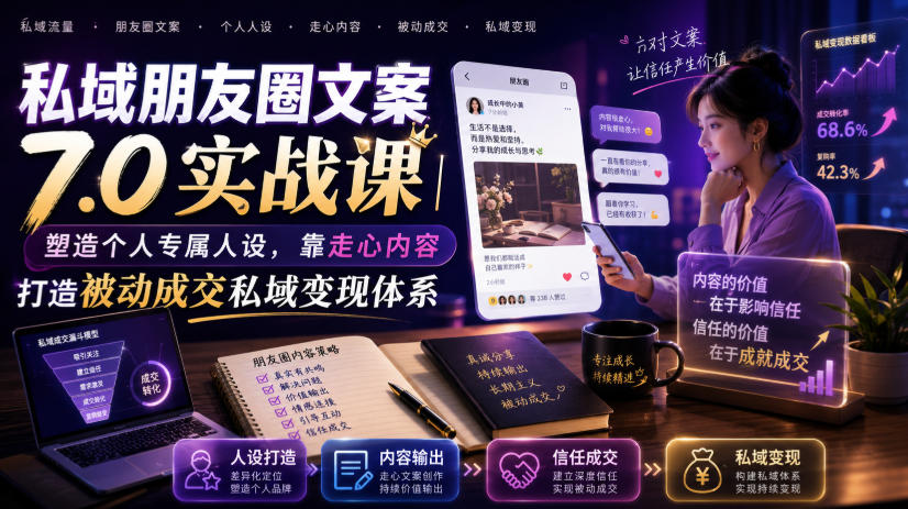 私域朋友圈文案7.0实战课｜塑造个人专属人设，靠走心内容打造被动成交私域变现体系-卡益网激活码商城