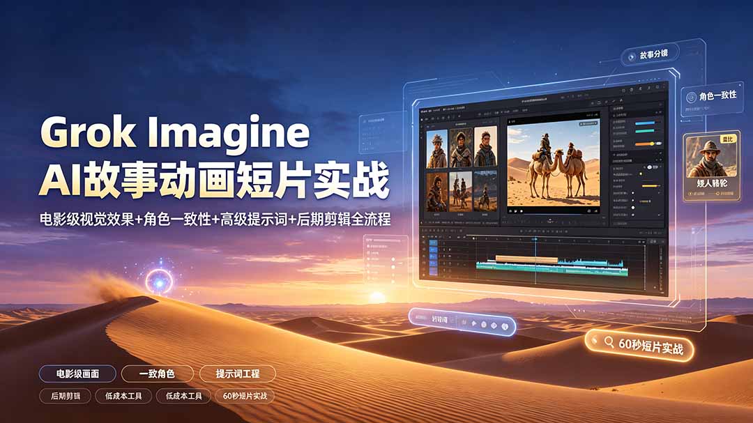 Grok Imagine AI故事动画短片实战:电影级视觉效果+角色一致性+高级提示词+后期剪辑全流程-卡益网激活码商城