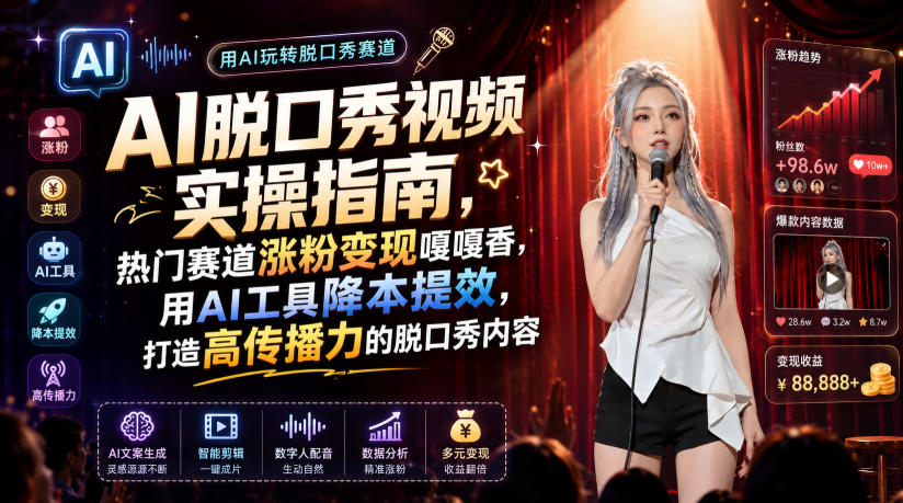 AI脱口秀视频实操指南，热门赛道涨粉变现嘎嘎香，用AI工具降本提效，打造高传播力的脱口秀内容-卡益网激活码商城