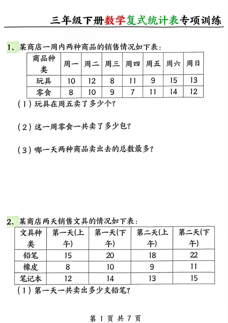 三年级下册数学复式统计表专项训练-卡益网激活码商城