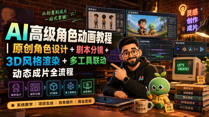 AI高级角色动画教程|原创角色设计+剧本分镜+3D风格渲染+多工具联动动态成片全流程【中英字幕】-卡益网激活码商城