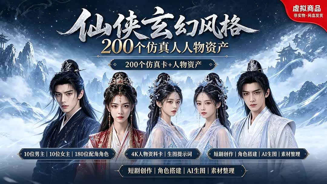 200个仙侠玄幻仿真人素材◆10男主×10女主×180配角,4K资料卡+AI生图提示词,漫剧必备-卡益网激活码商城