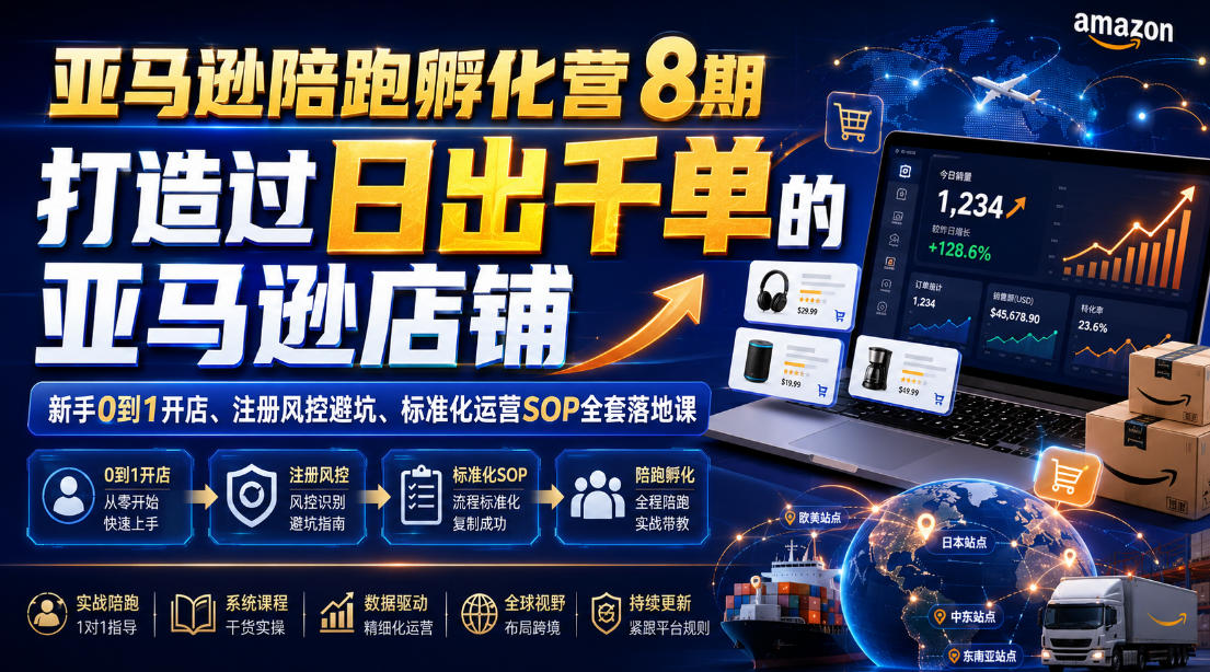 亚马逊陪跑孵化营8期，打造过日出千单的亚马逊店铺，新手0到1开店、注册风控避坑、标准化运营SOP全套落地课-卡益网激活码商城