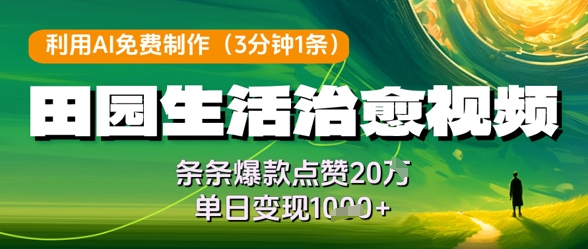利用AI免费制作田园生活治愈视频，条条爆款点赞20W，单日变现几张-卡益网