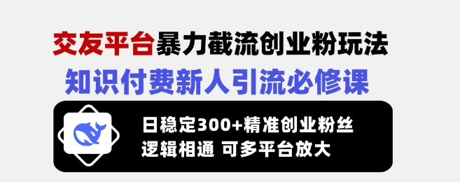 交友平台暴力截流创业粉玩法，知识付费新人引流必修课，日稳定300+精准创业粉丝，逻辑相通可多平台放大-卡益网