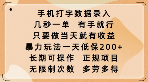 手机打字数据录入，几秒一单，有手就行，只要做当天就有收益，暴力玩法一天低保2张-卡益网